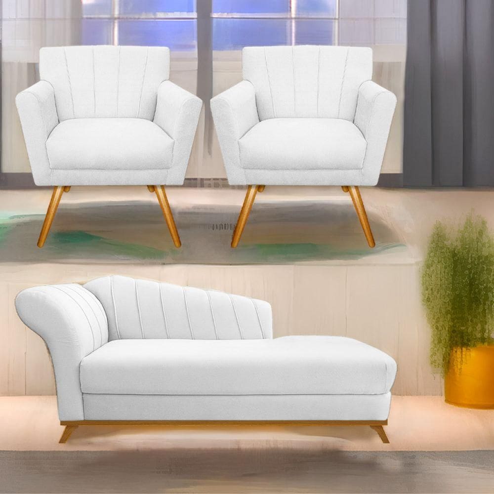 Kit Diva Recamier Vanessa 140Cm Lado Direito E 02 Poltronas Laura Suede Cor Branco