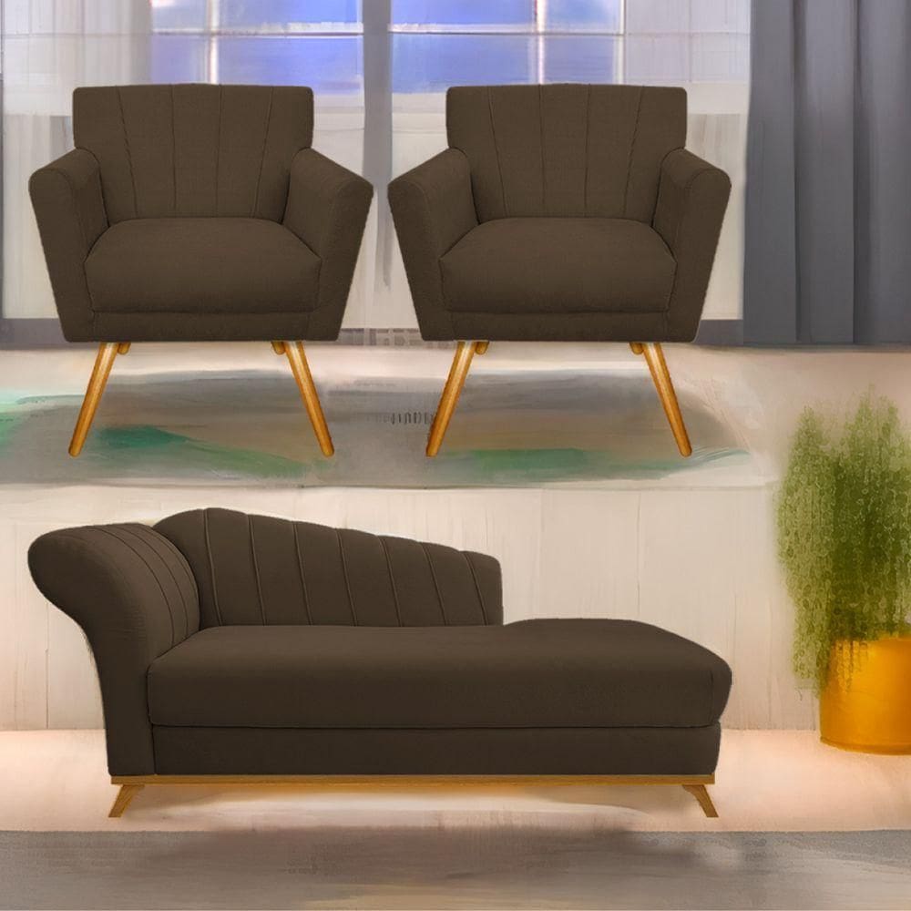Kit Diva Recamier Vanessa 185Cm Lado Direito E 02 Poltronas Laura Suede Cor Marrom