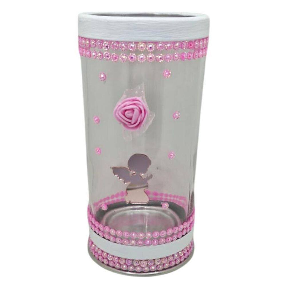 Porta Vela 7 Dias 18 Cm Anjo Da Guarda Rosa + Presente