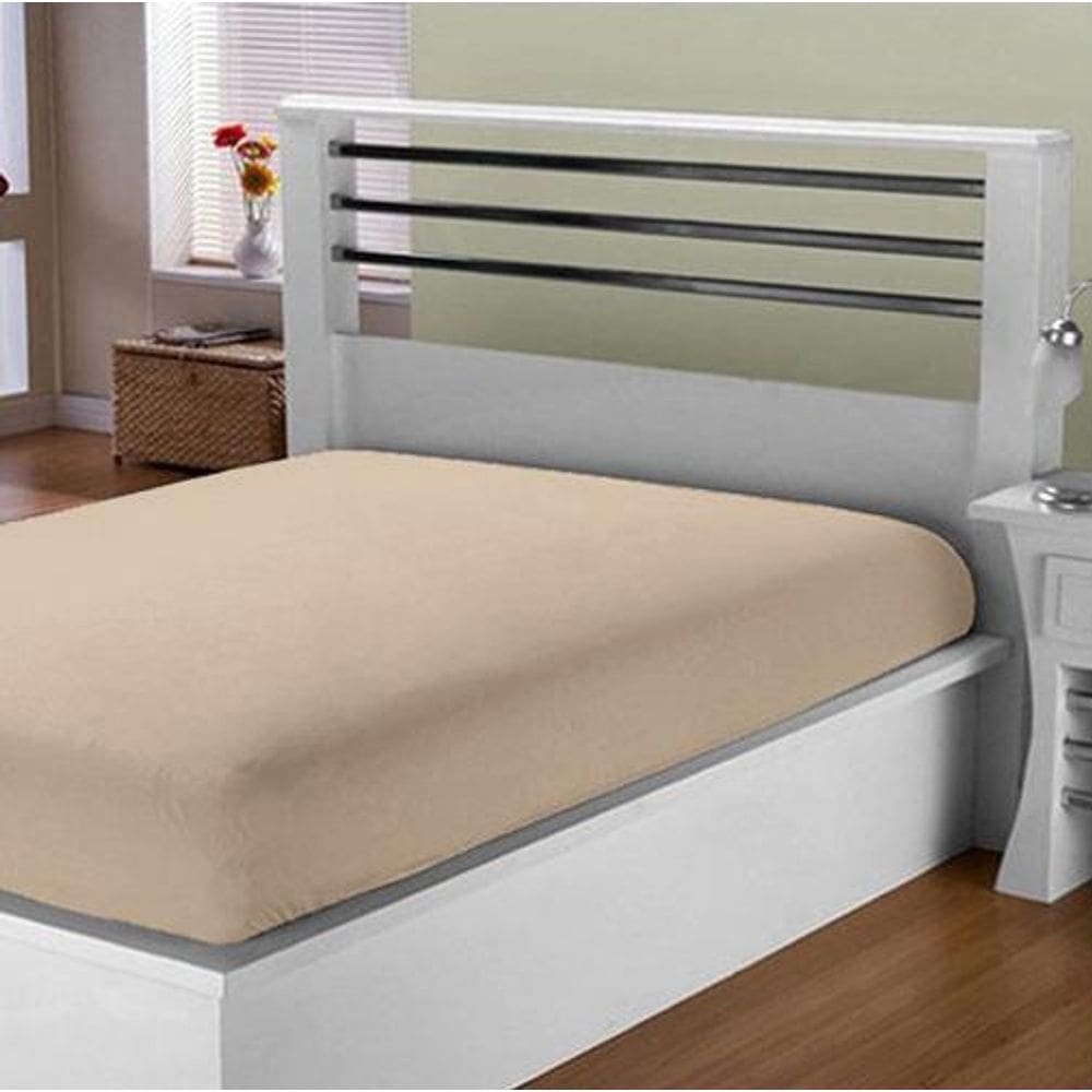 Lençol Cama Queen Bege Avulso Com Elástico Algodão 150 Fios