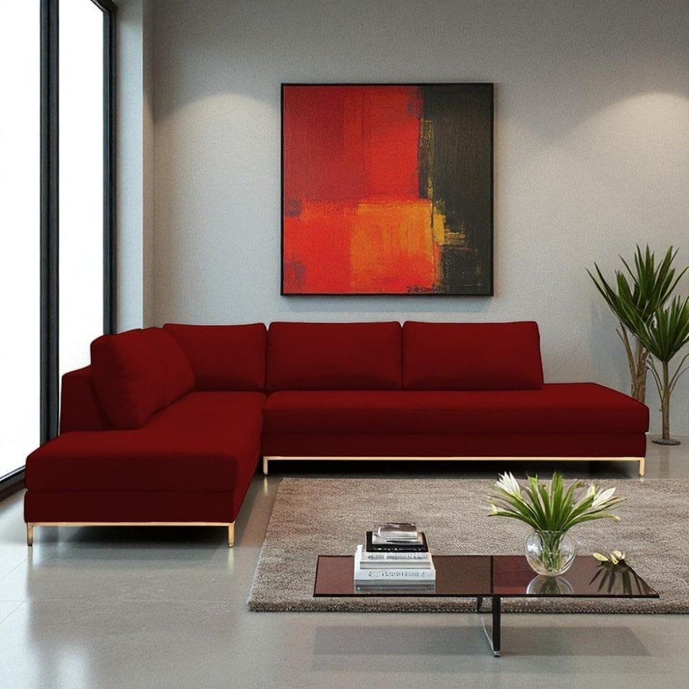 Sofá de Canto em L Revestimento em Veludo com Chaise Lado Esquerdo 293x84cm Vermelho