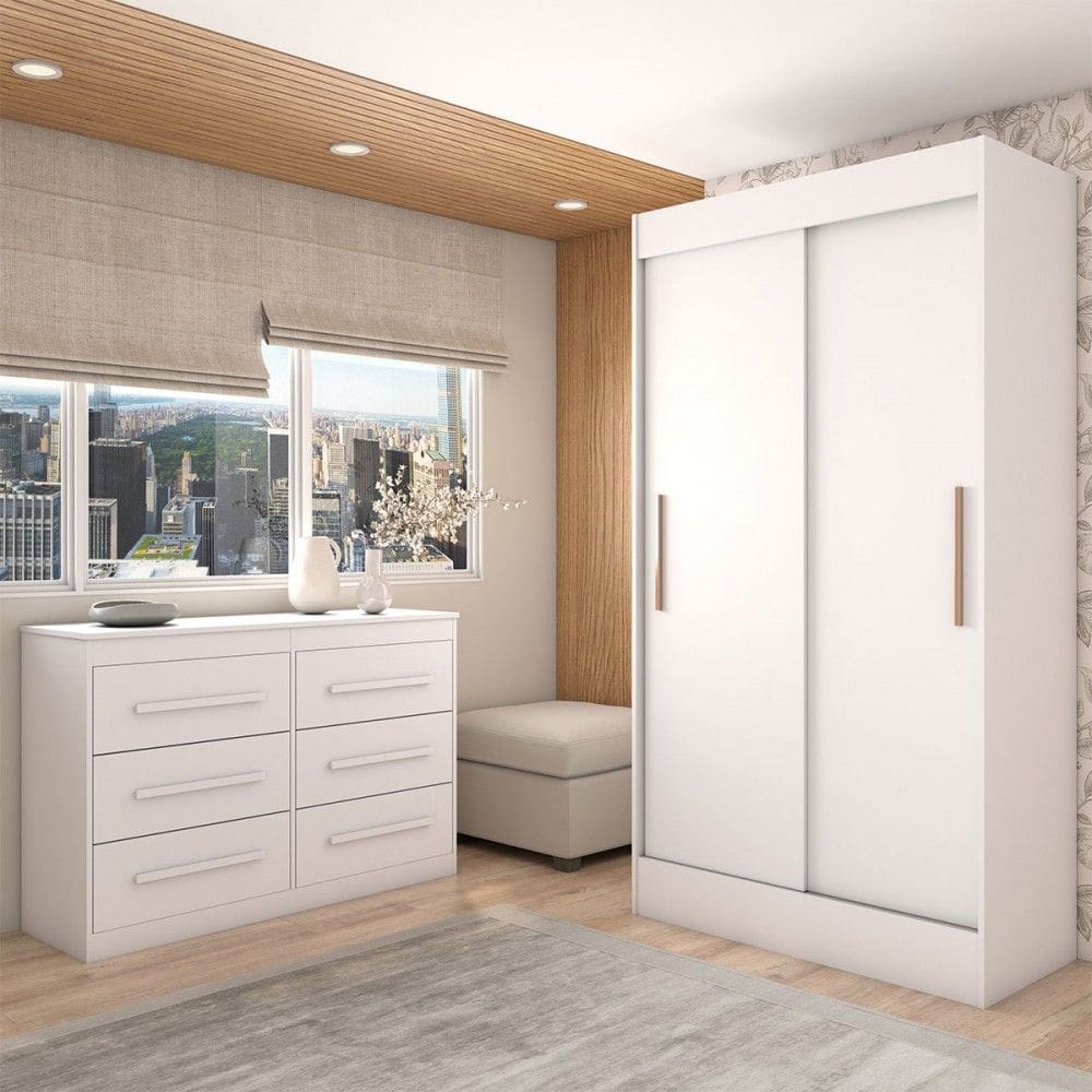 Guarda-Roupa Solteiro Europa 2 Portas 2 Gavetas e Cômoda 6 Gavetas Branco - Panorama Móveis
