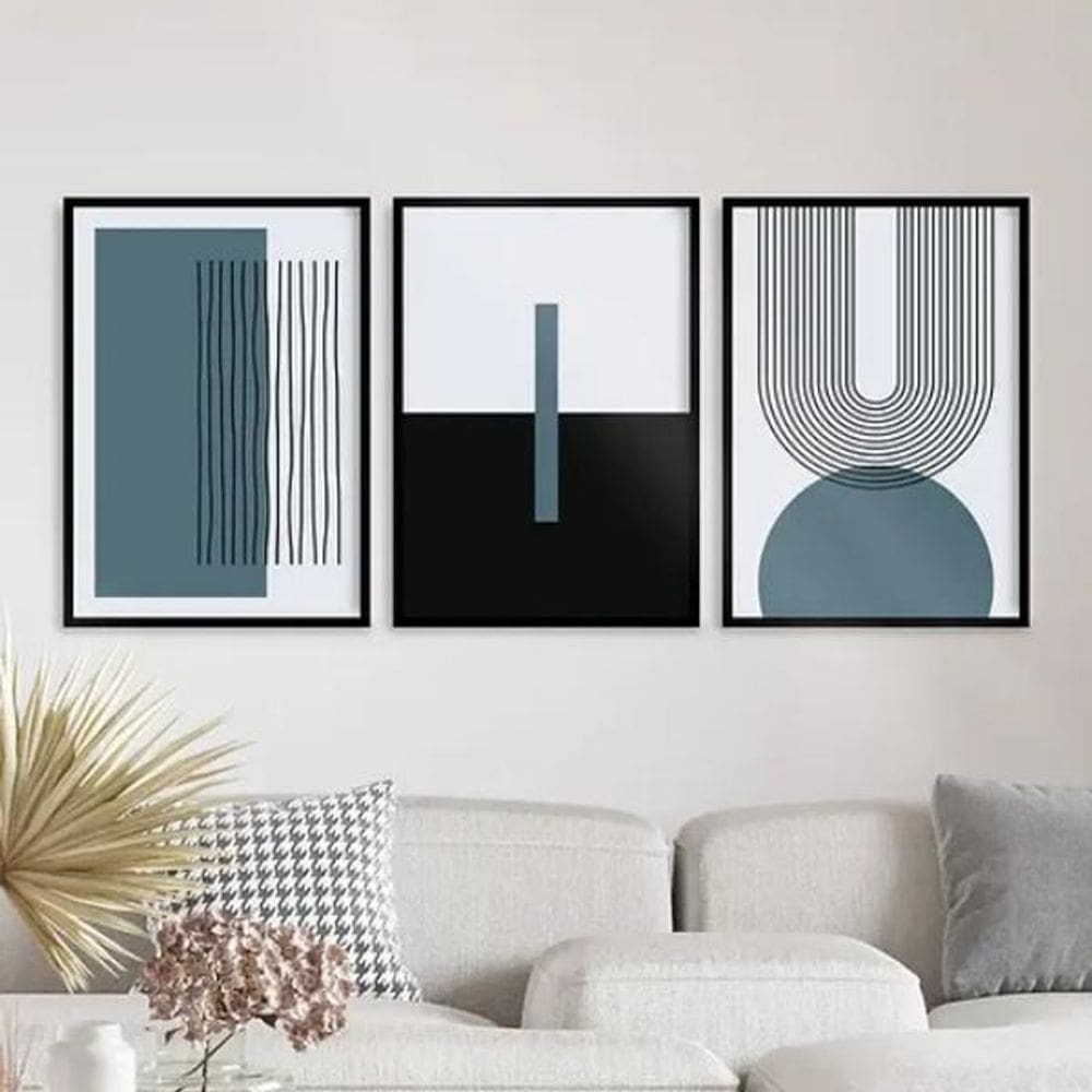 Kit 3 Quadros Abstrato Azul Petróleo Linhas Arcos 45X34Cm