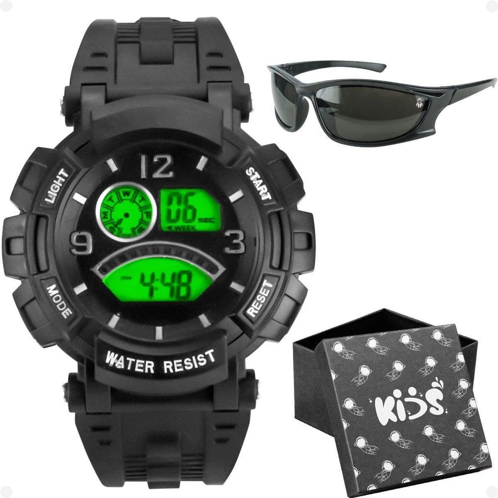 Relogio Infantil Digital Preto Silicone + Caixa + Oculos Sol