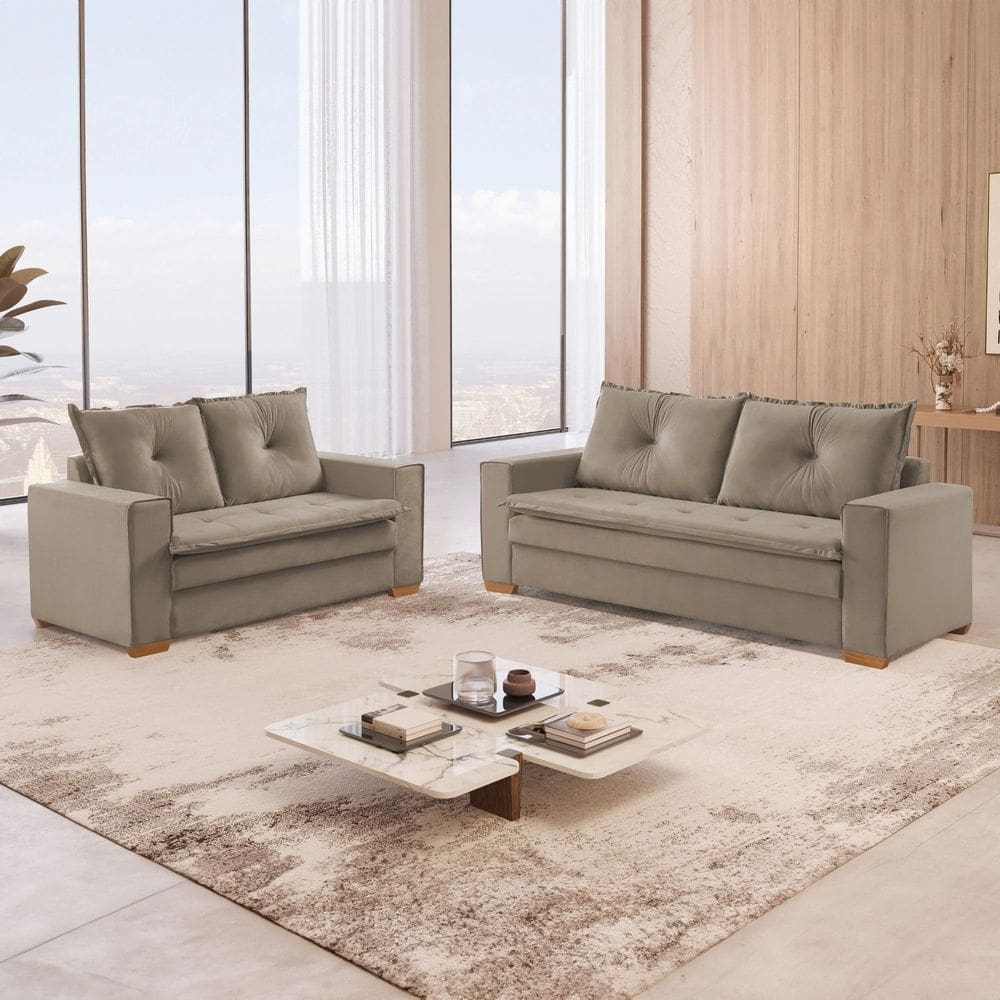 Conjunto Florianópolis 3x2 Lugares Veludo Bege