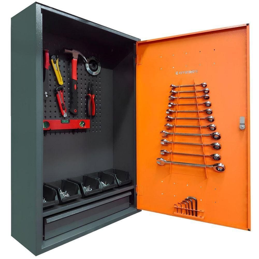 Armário De Parede Para Ferramentas Peças Aço 01 Gaveta Presto 24 Ganchos Aéreo Oficina Preto Laranja