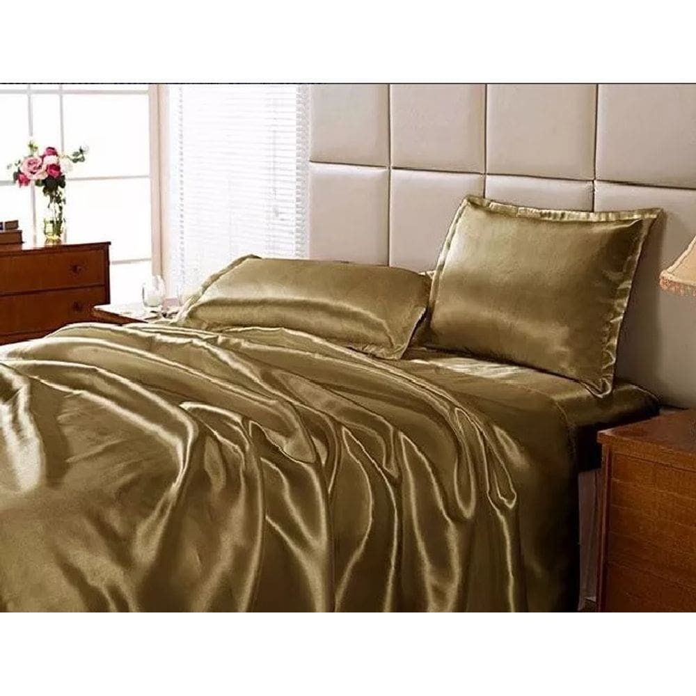 Jogo Lençol Casal Queen Cetim Seda Cobre Com Vira 4 Peças
