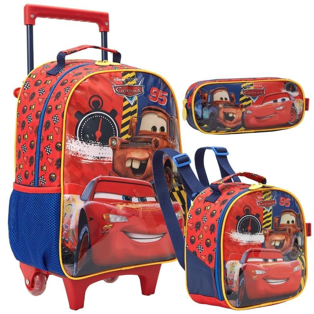 Kit Mochila Rodinhas Lancheira Estojo Carros Disney X1