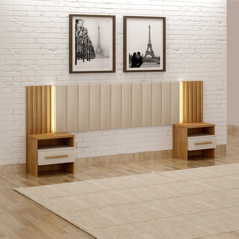 Cabeceira de Casal com 2 Mesas de Cabeceira e Led Los Angelis Cumaru / Cinza