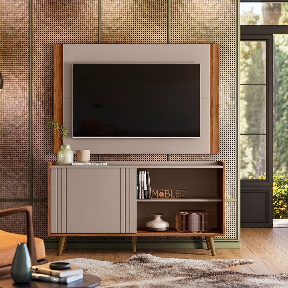 Rack com Painel Fresno para Tv 50 Polegadas New Austin Grigio Fosco/Cinamomo Mel