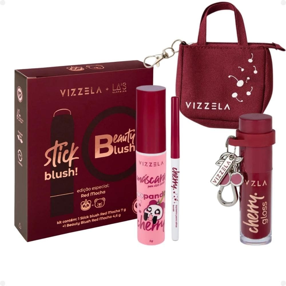 Kit: Blush Stick e Compacto Red, Lapiseira, Gloss e Máscara de Cílios Cherry + Mimo