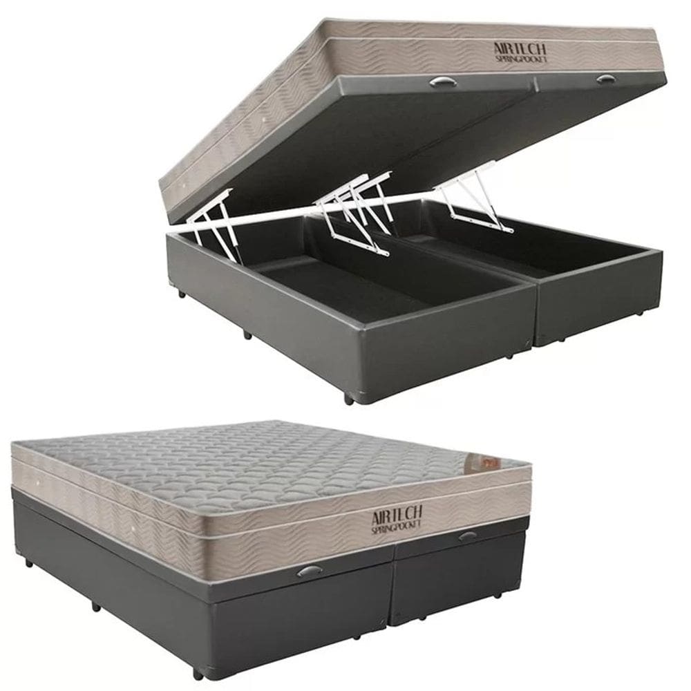Cama Box Baú Queen Bipartido Cinza Colchão Molas Ensacadas Airtech Spring 158x198 - Ortobom