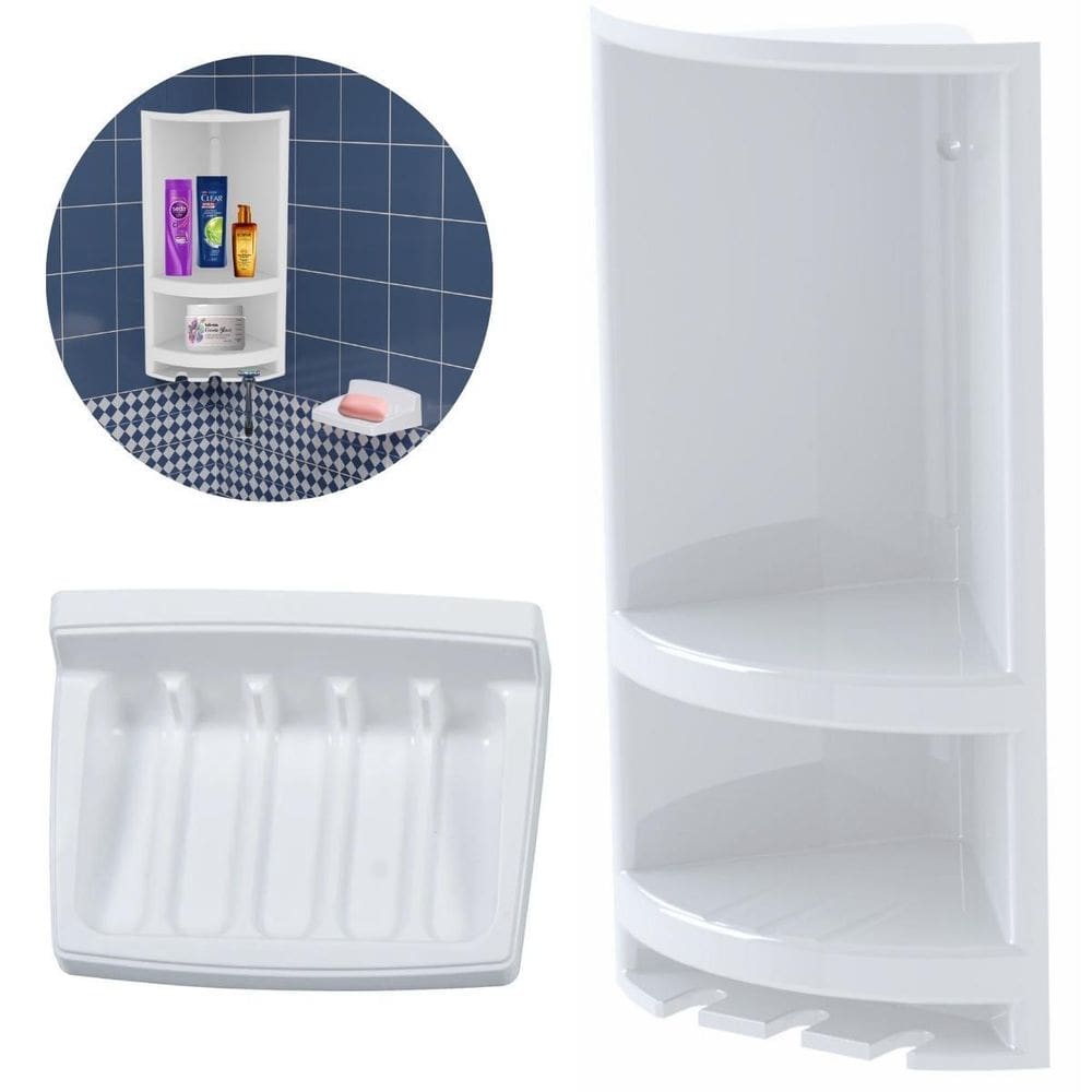 Cantoneira Porta Shampoo Branco + Saboneteira Plástica