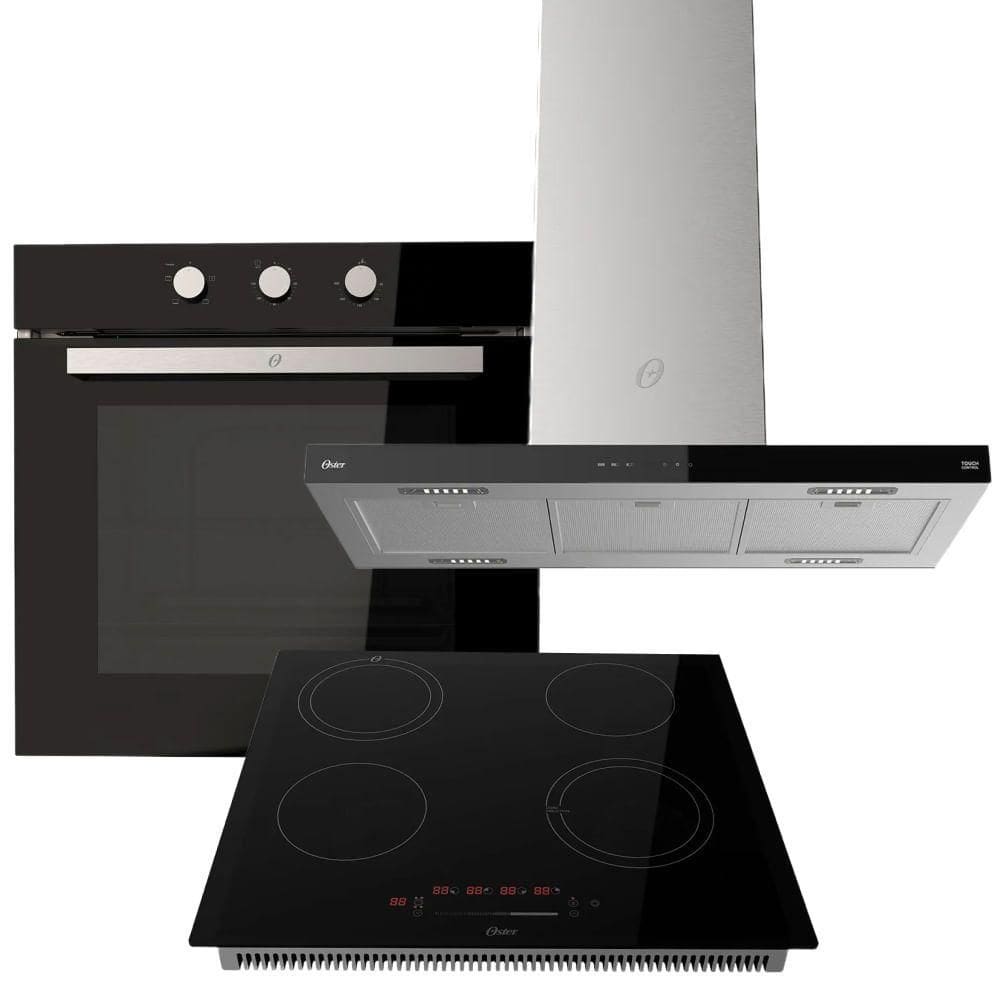 Kit Cooktop 4 Bocas - Forno De Embutir 77L - Coifa Ilha 90cm Oster 220V