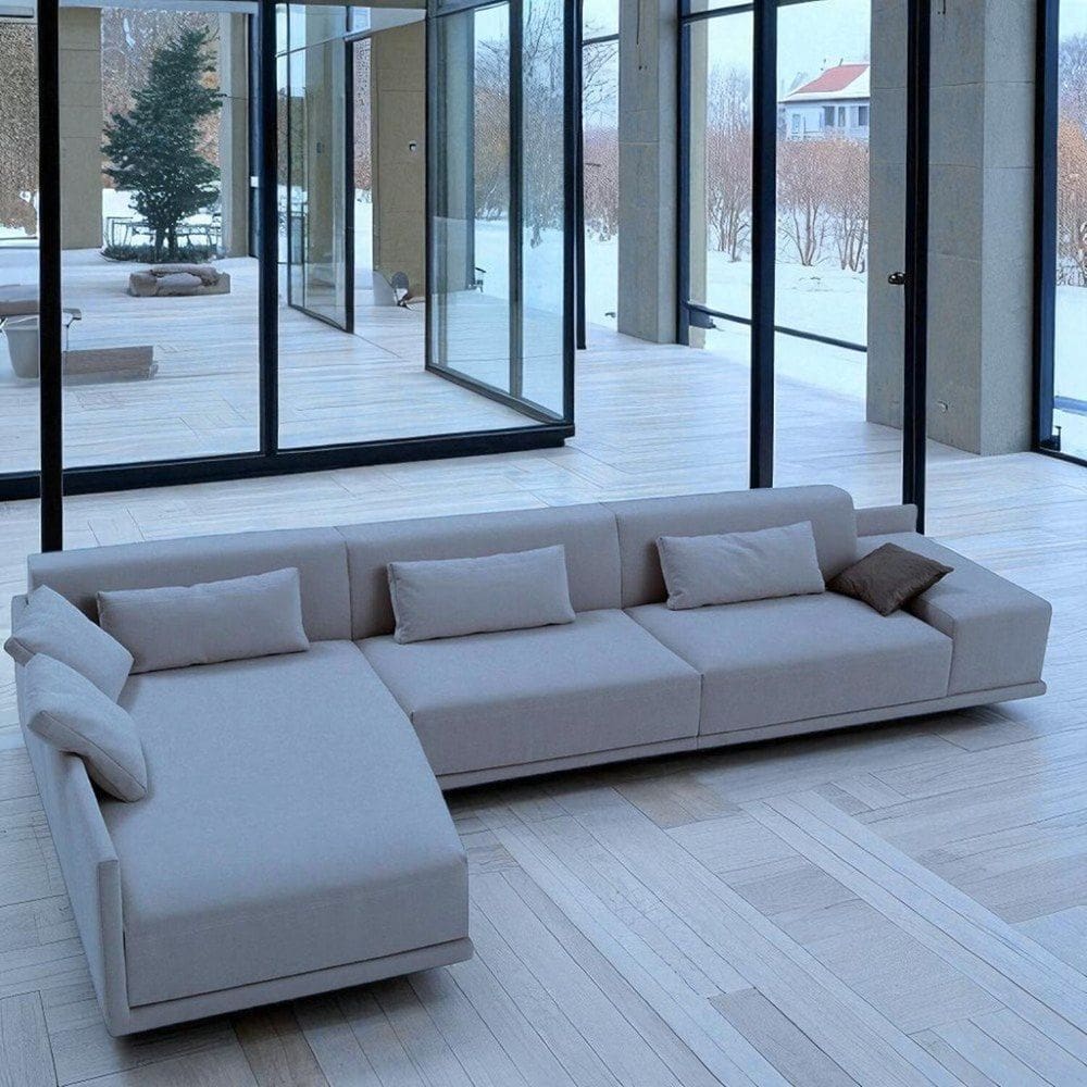 Sofá de Canto 5 Lugares com Chaise Revestimento em Sarja 336x74cm Cinza Médio