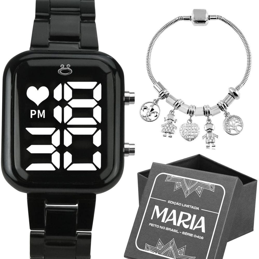 Relogio Digital Feminino Preto + Pulseira + Caixa