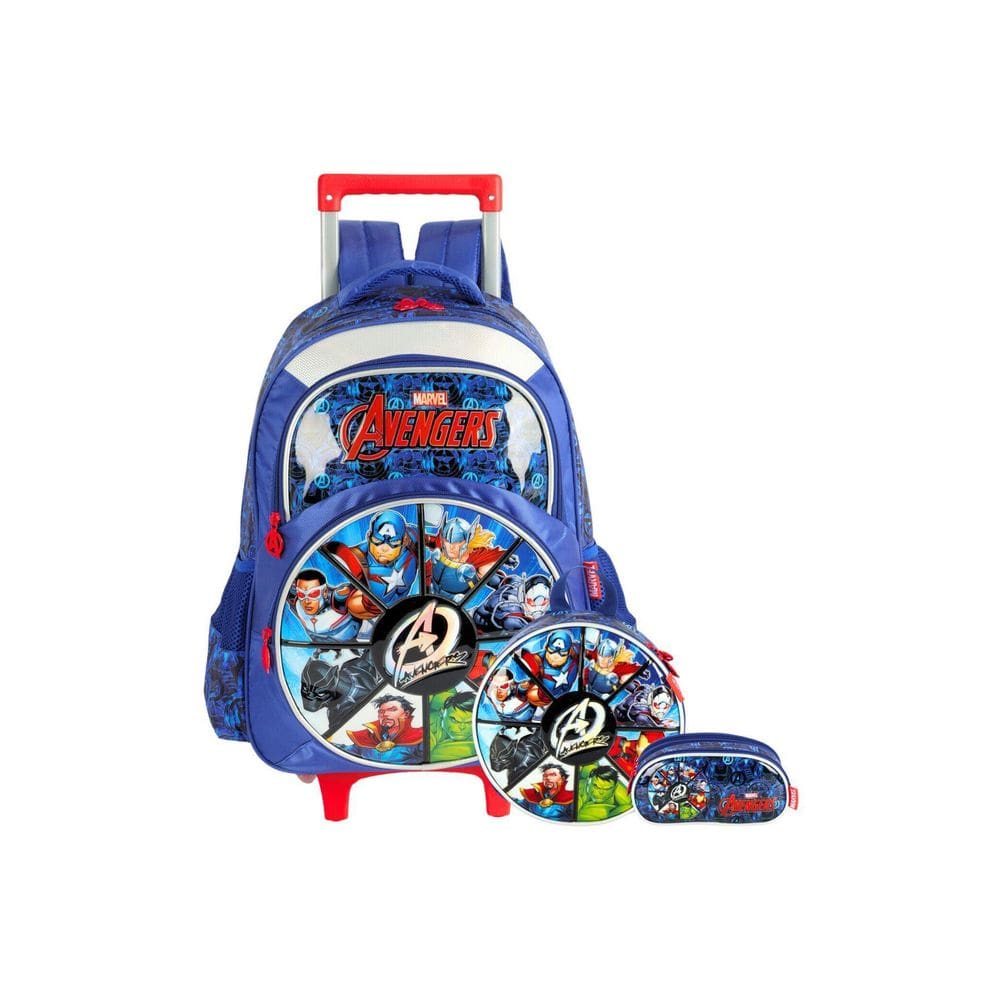 Kit Mochila Com Rodas+Lancheira+Estojo Avengers - Azul