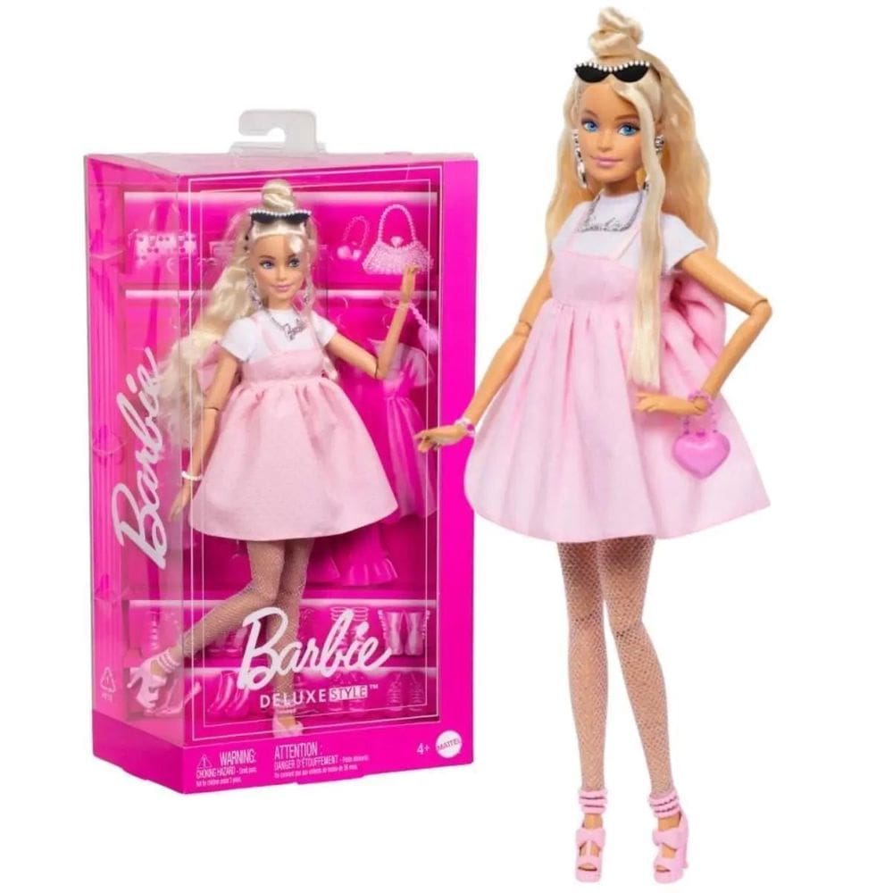 Barbie Deluxe Loira Com Vestido Acessórios Laço Rosa Hyv27