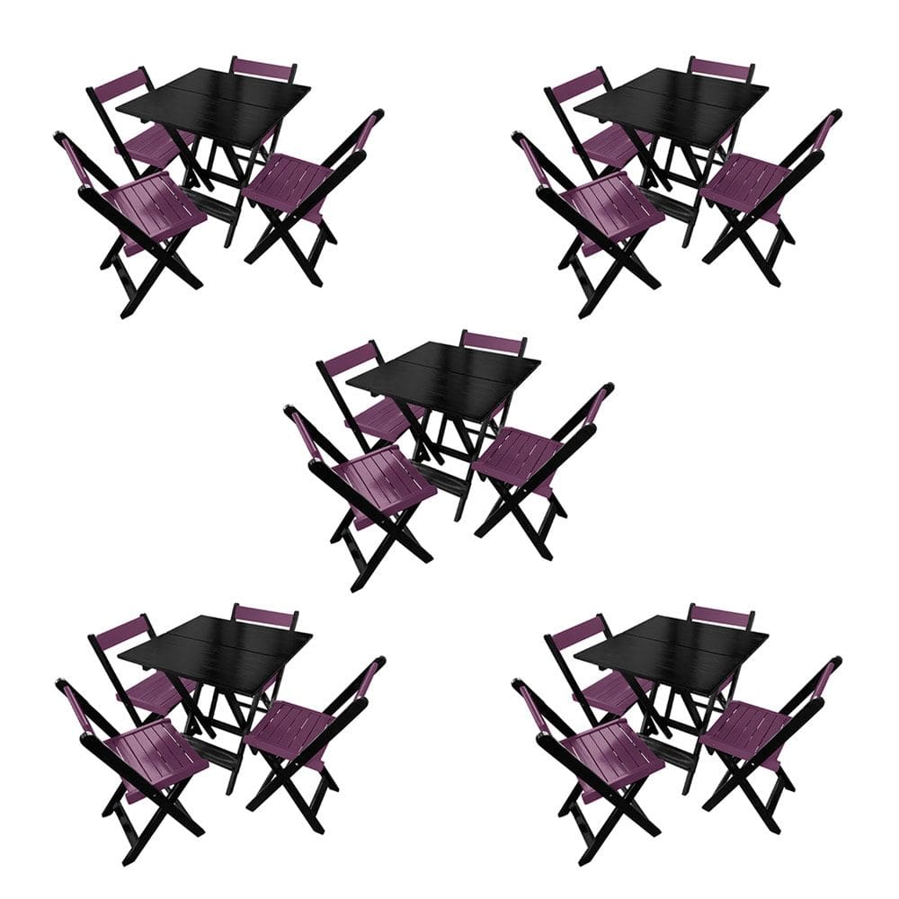 Kit 5 Mesas de Madeira Dobrável Preto 70x70 com 4 Cadeiras Dobráveis Roxo
