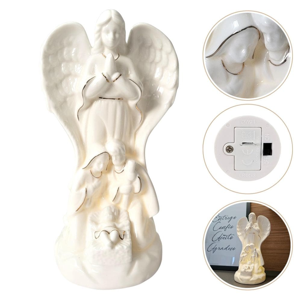 Anjo Sagrada Família Porcelana Branco Led 25Cm Arte Sacra