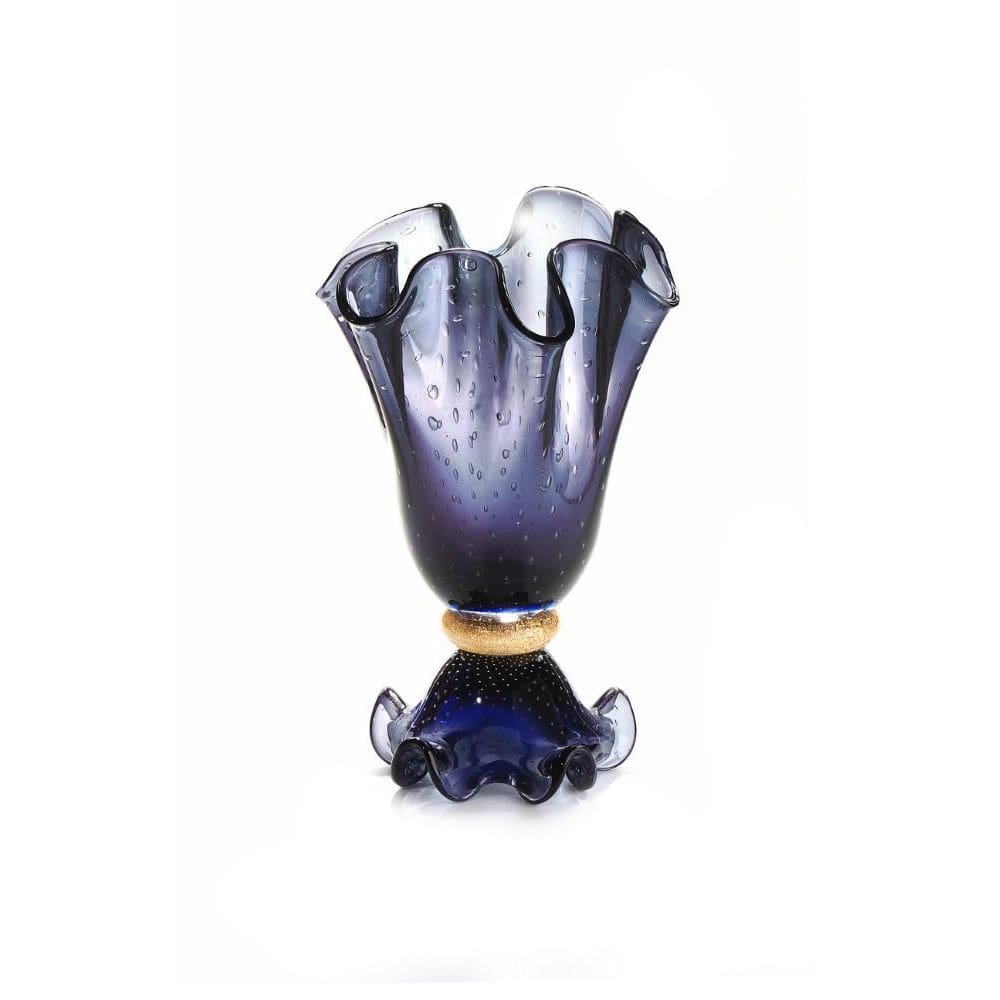 Vaso Em Cristal Murano Azul Com Ouro 24K - São Marcos 39Cm