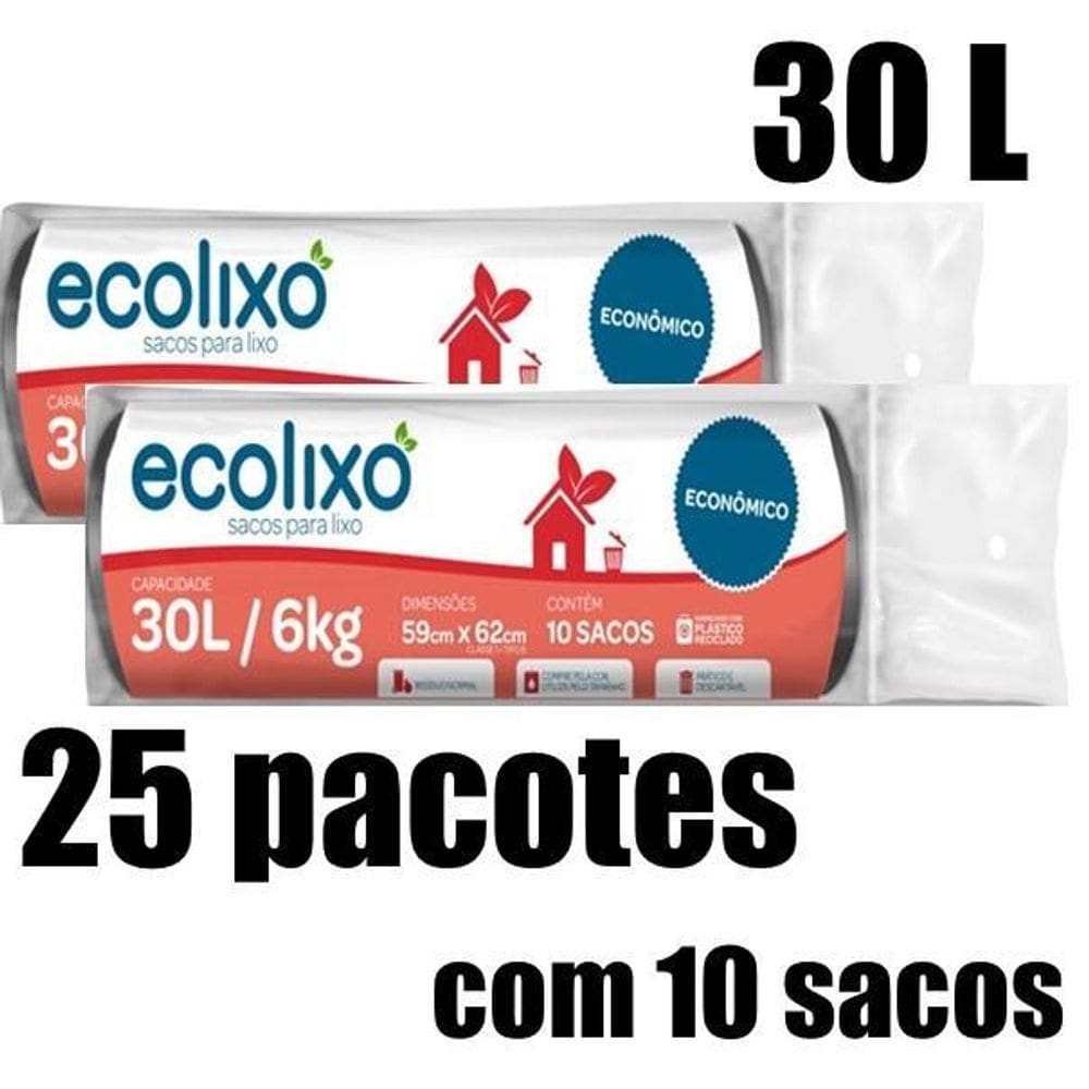Kit Saco De Lixo 30L Preto C/10Un - Ecolixo 25 Pacotes