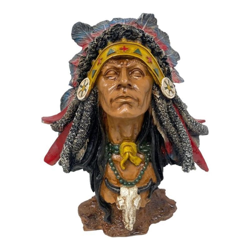 Escultura Busto Índio Guerreiro Cocar Xamã 26 Cm Em Resina