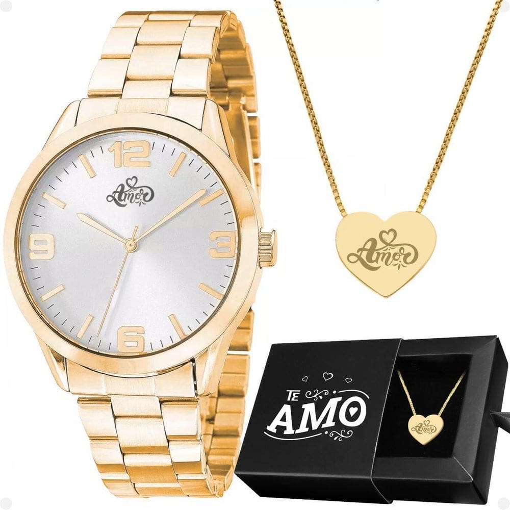 Relogio Feminino Aço Dourado + Colar Coração Amor Caixa