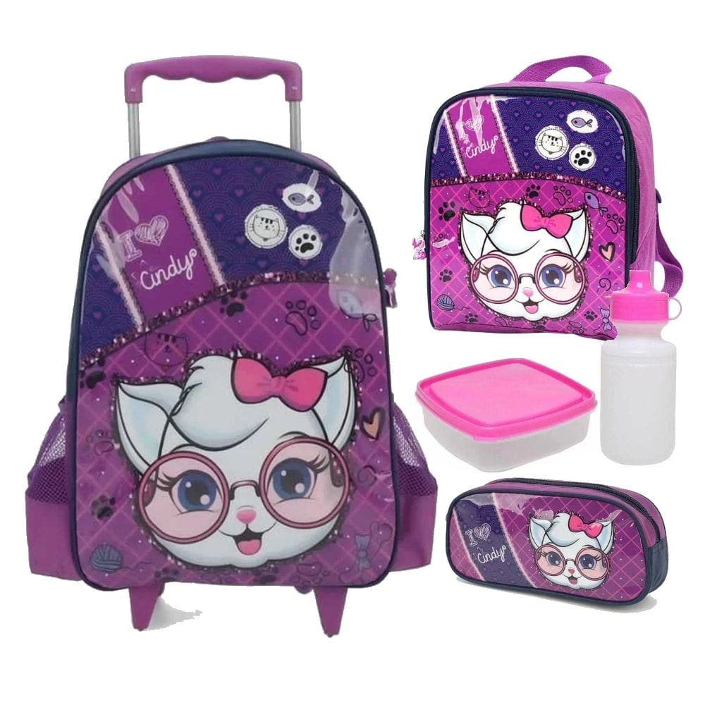 KIt Mochila de Rodinhas Lancheira Estojo Gatinha Cindy - Luxcel