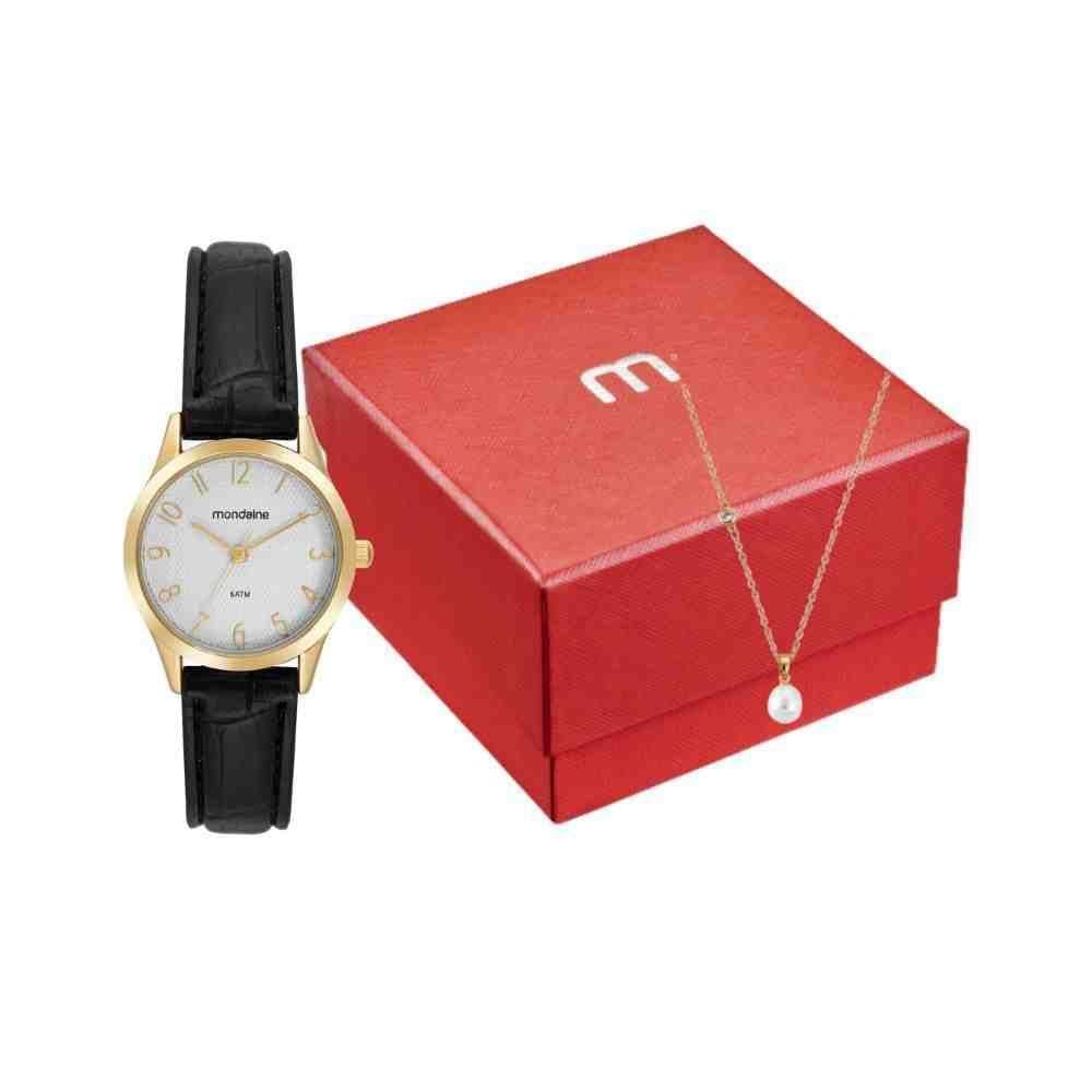 Kit Relógio+Colar Mondaine Preto/Dourado Feminino 32794Lpmkd