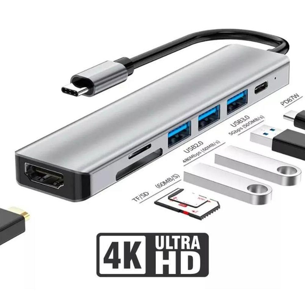 Estação Hub Tipo C 7 Em 1 Hdmi 4K Usb 3.0 Usb-C Pd Cartão Sd