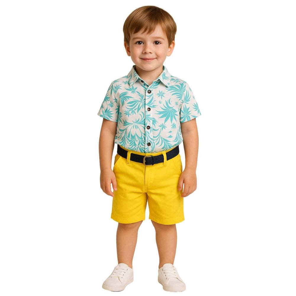 Conjunto Infantil Camisa Floral  Bermuda Azul Amarelo Social