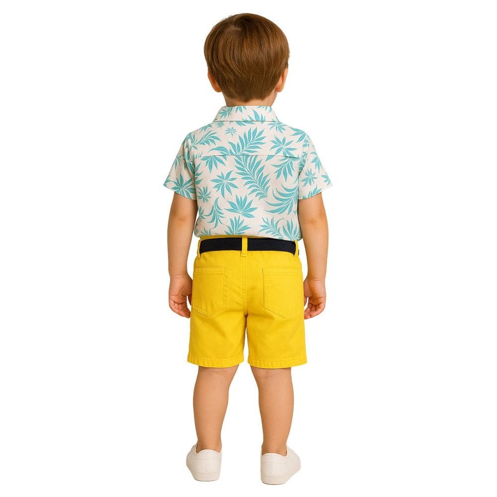Conjunto Infantil Camisa Floral  Bermuda Azul Amarelo Social