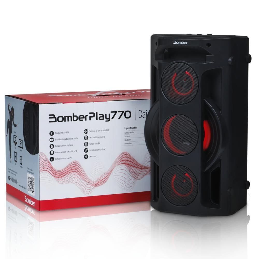 Caixa de Som Bluetooth 50W Bomber Play 770 Preta