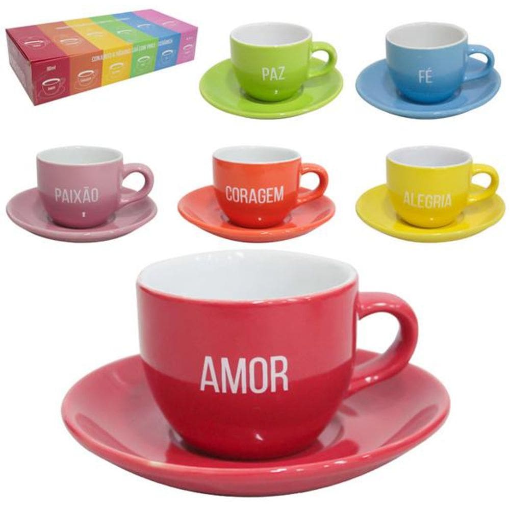 Jogo De Xícara De Porcelana Com Pires Para Café Colors 12 Peças 90ml