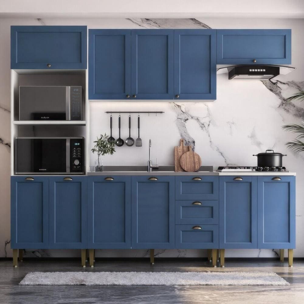 Armário Cozinha Americana Modulada Completa 260cm 5 Peças Com Balcão Multimóveis Cr20495 Branco-Azul