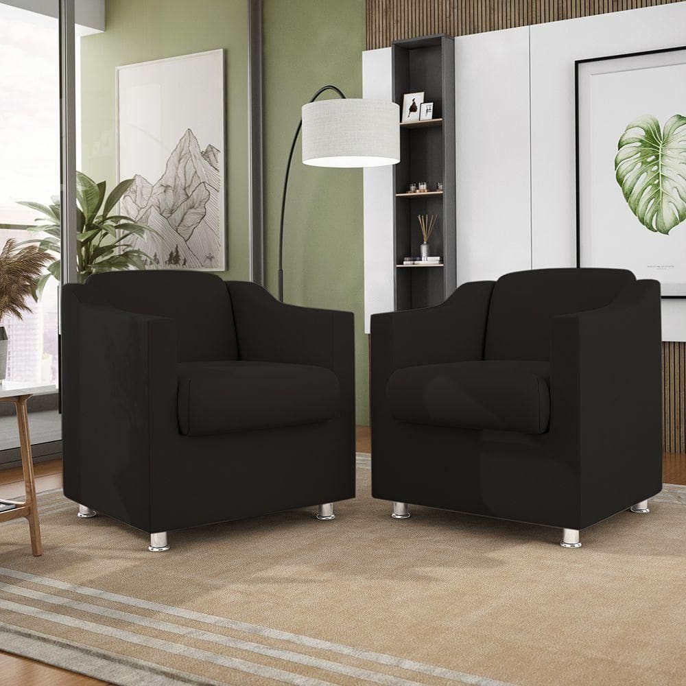Kit 2 Poltronas Decorativas Reforçada Consultório Sala Suede Cor:Preto