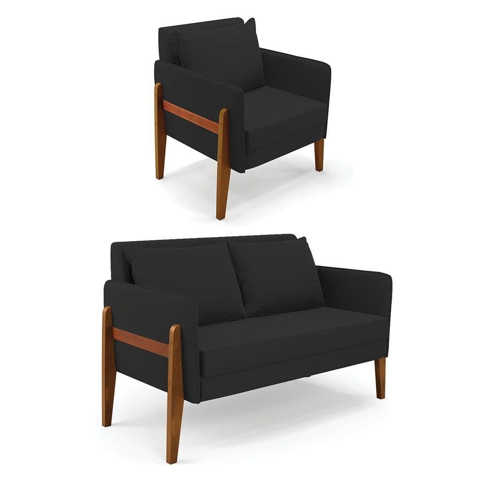 Kit 1 Sofá Namoradeira E 1 Poltrona Lana Veludo Base De Madeira - D`rossi Cor Preto