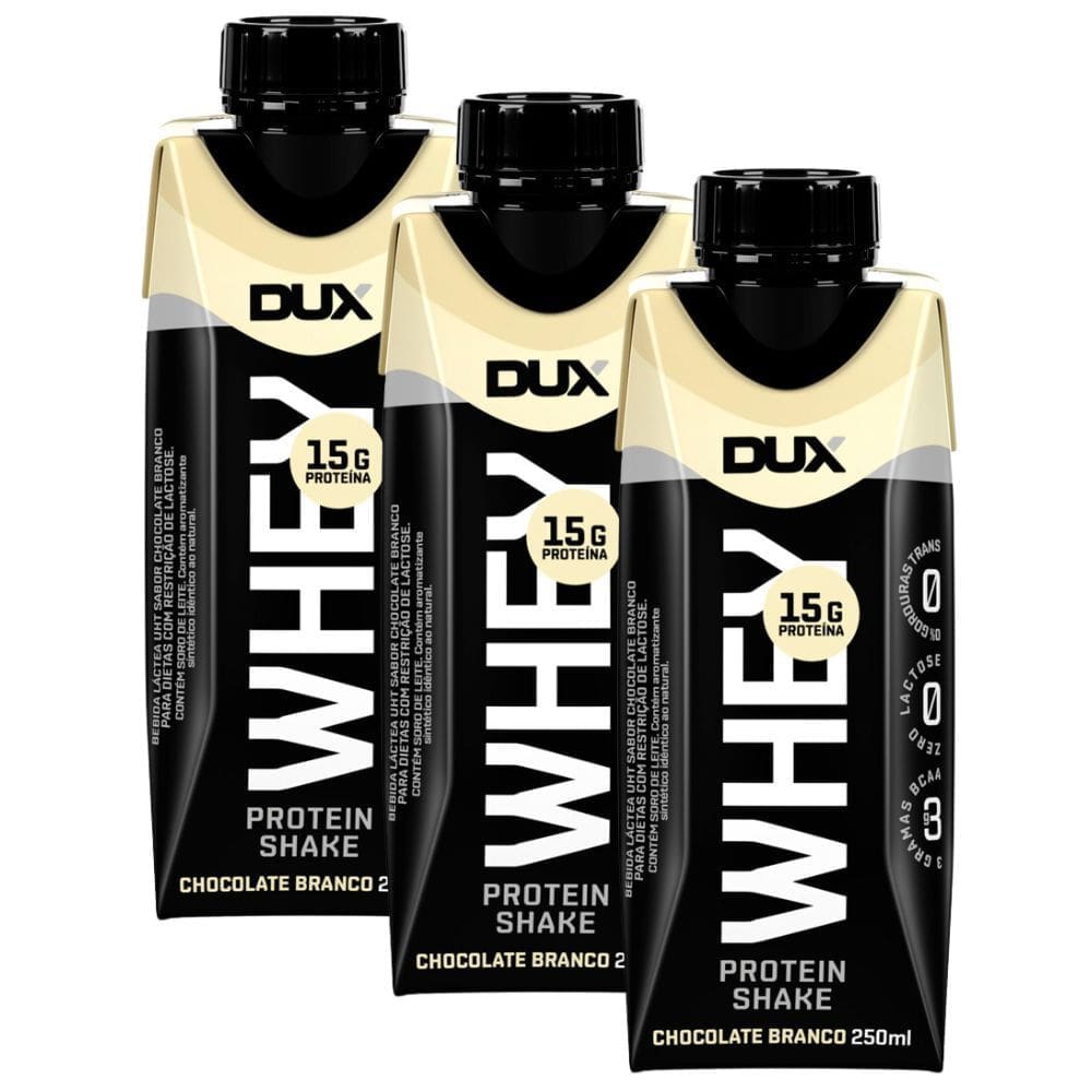 Kit 3 Bebida Láctea UHT Whey Protein Shake Dux Sabor Chocolate Branco com 15g de Proteína 250ml