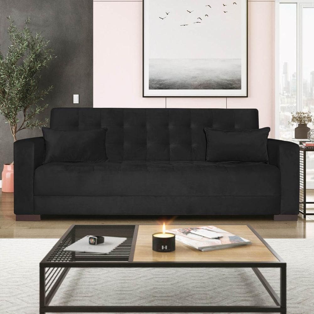 Sofá Cama 3 Lugares Jobim Suede Preto