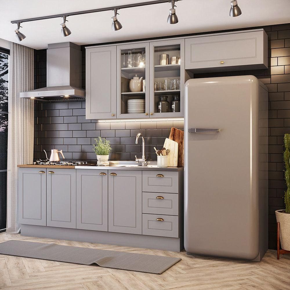 Cozinha Compacta Com Aéreo Para Geladeira Amy Casa 812 Cinza