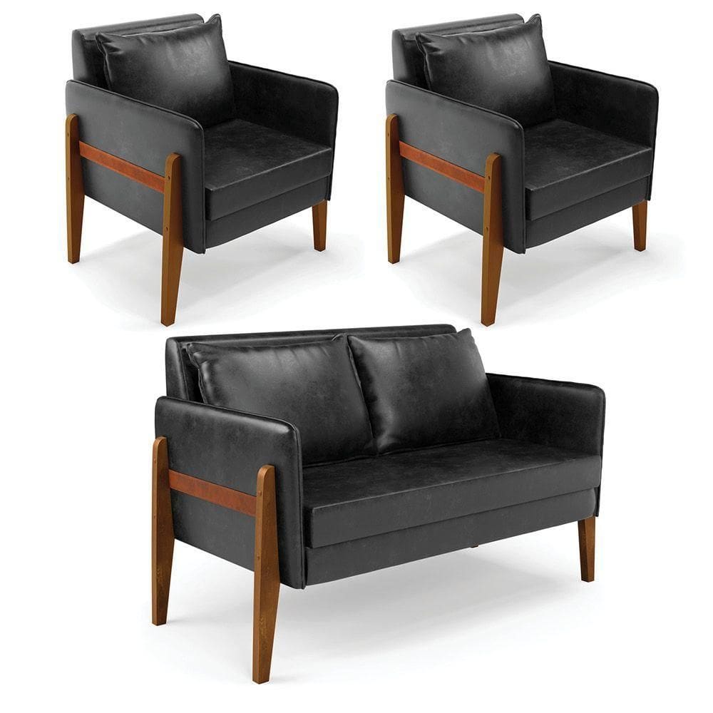 Kit 1 Sofá Namoradeira E 2 Poltronas Lana Corano Preto Base De Madeira - D`Rossi