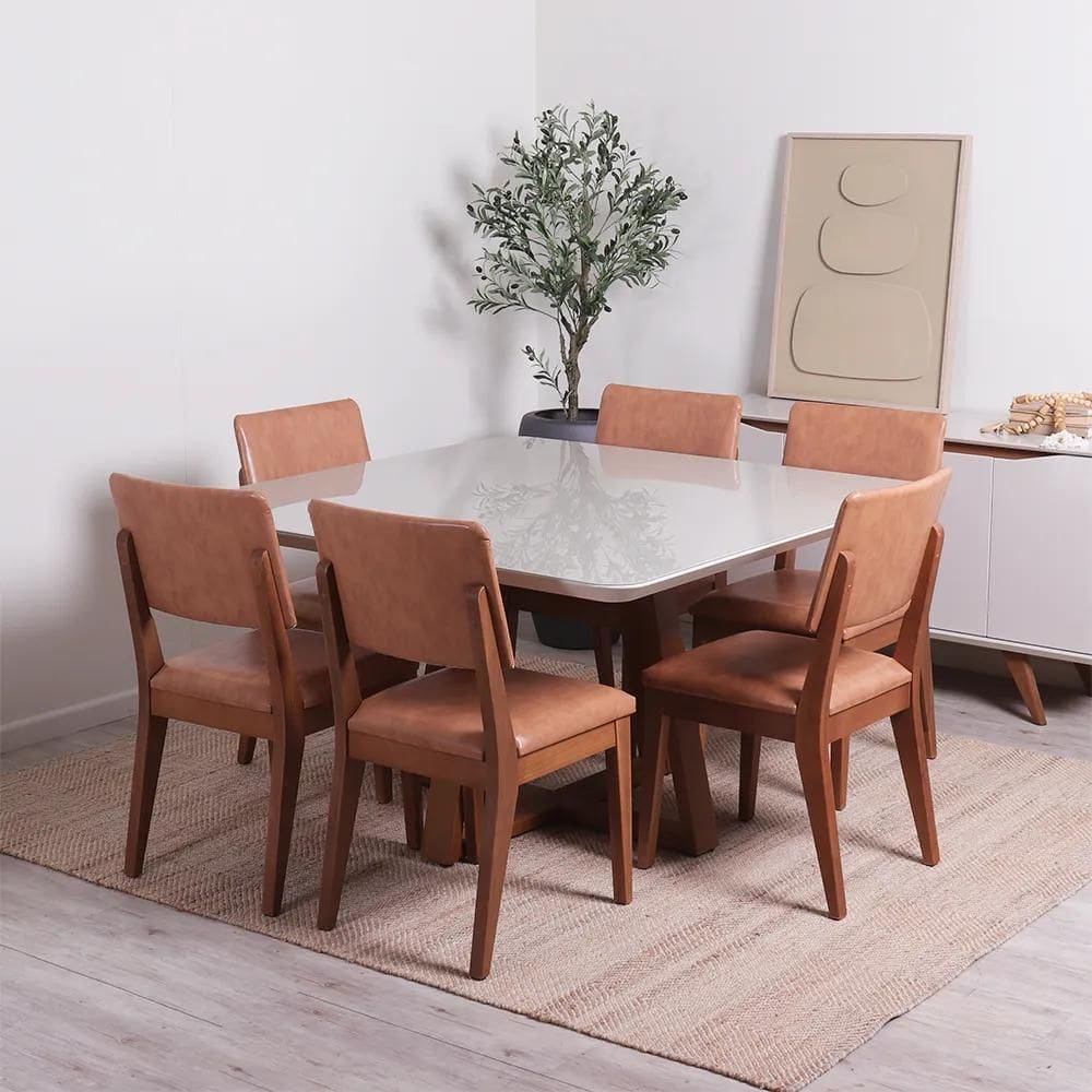 Conjunto de Jantar Mesa Quadrada com Vidro Bennett 6 Cadeiras Ella - Natural c/ Caramelo