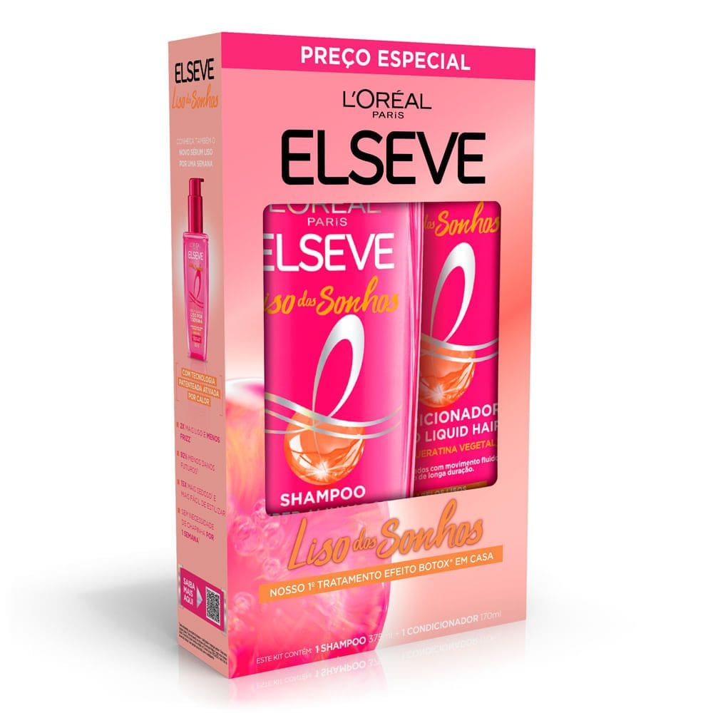 Kit Elseve Liso dos Sonhos L`oréal Paris Shampoo Super Alinhador 375ml e Condicionador Efeito Liquid Hair 170ml
