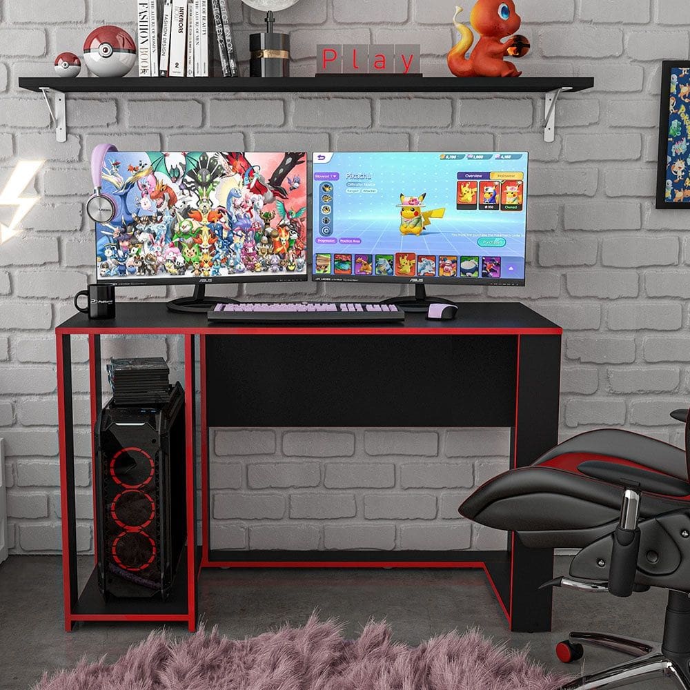 Mesa Gamer Singapura Preto Vermelho Politorno Móveis