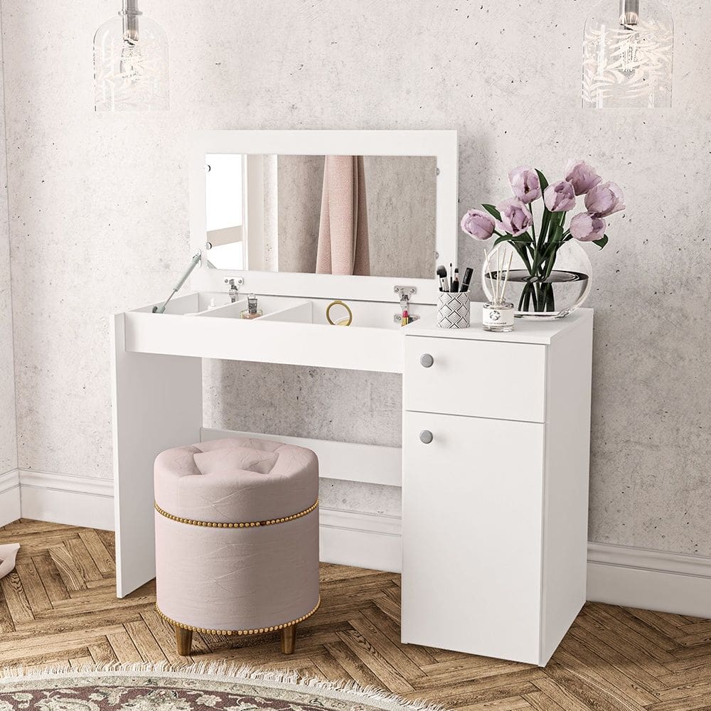 Penteadeira Iracema com Tampo Porta Objetos com Espelho 1 Gaveta 1 Porta Branco Politorno Móveis