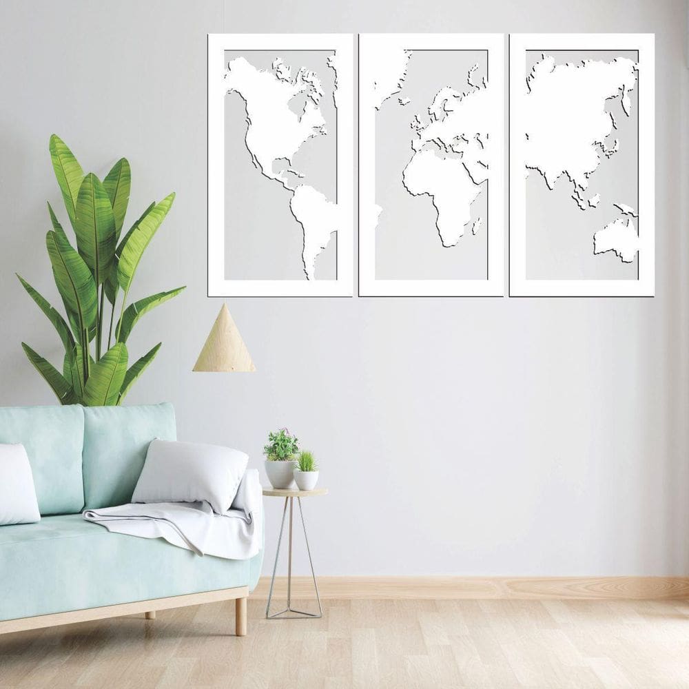 Quadro Decoração Vazado Mapa Mundi Mdf 6Mm Branco 200X120 Cm