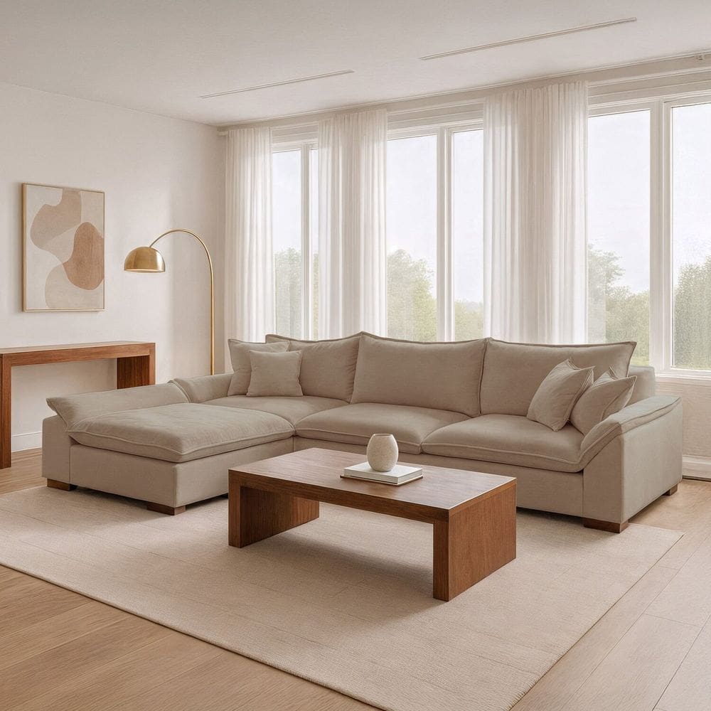 Sofá Modulado com Chaise e Almofadas Soltas M201 Base em Madeira Maciça Bege