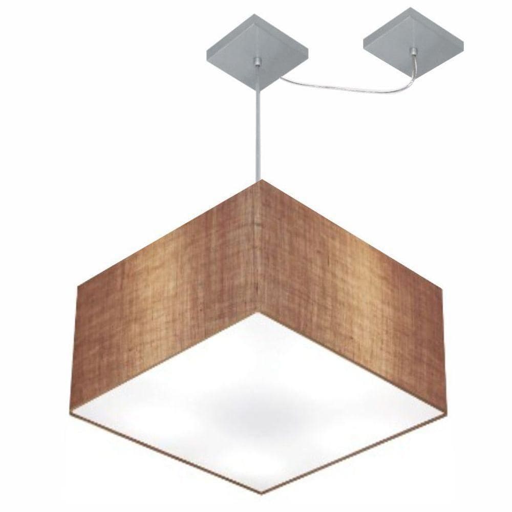 Lustre Pendente Quadrado Com Desvio Md-4271 Cúpula Em Tecido 30/40x40cm Palha - Bivolt