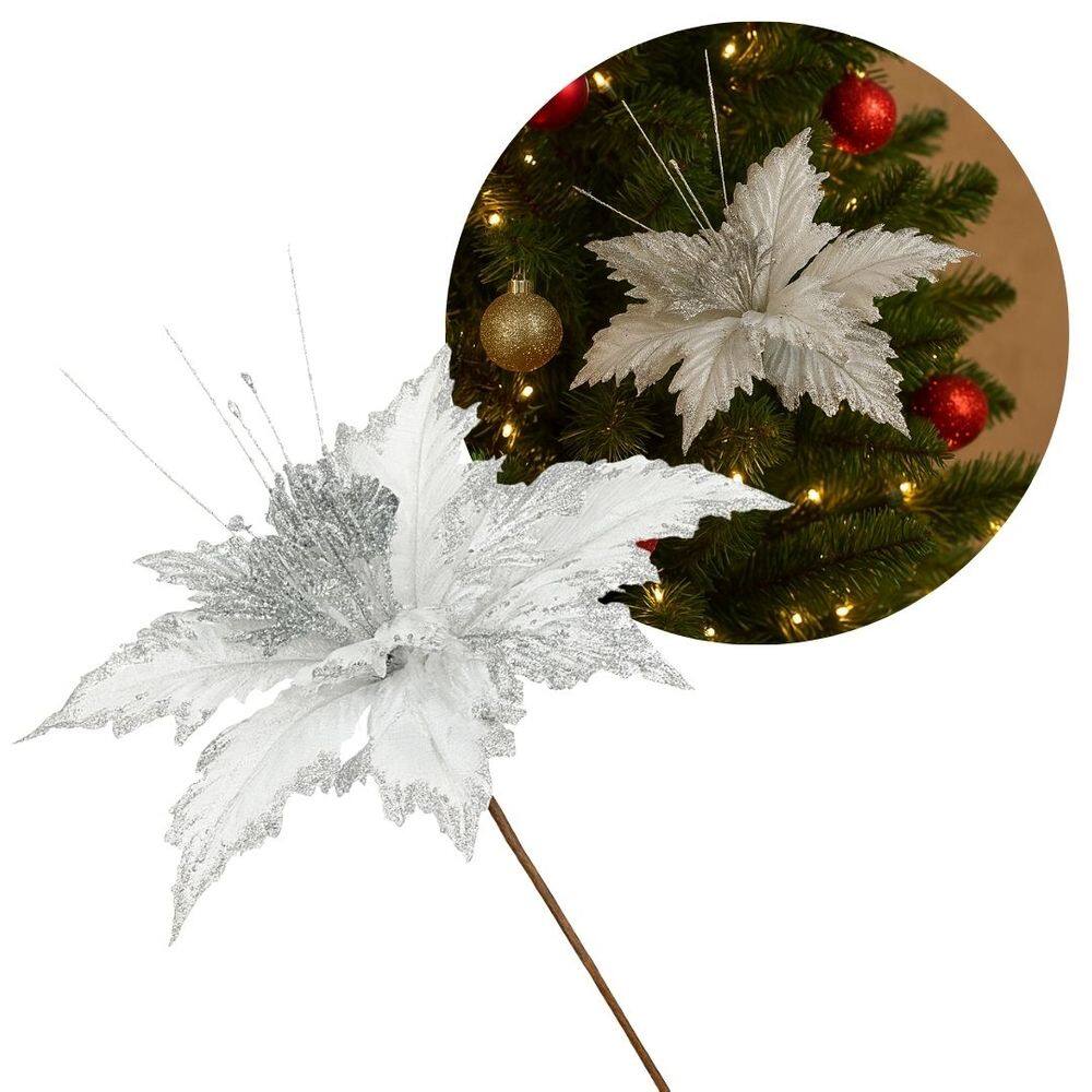 Pick Natalino Flor Bico de Papagaio Prata Borda Glitter Luxo 25cm x 16cm